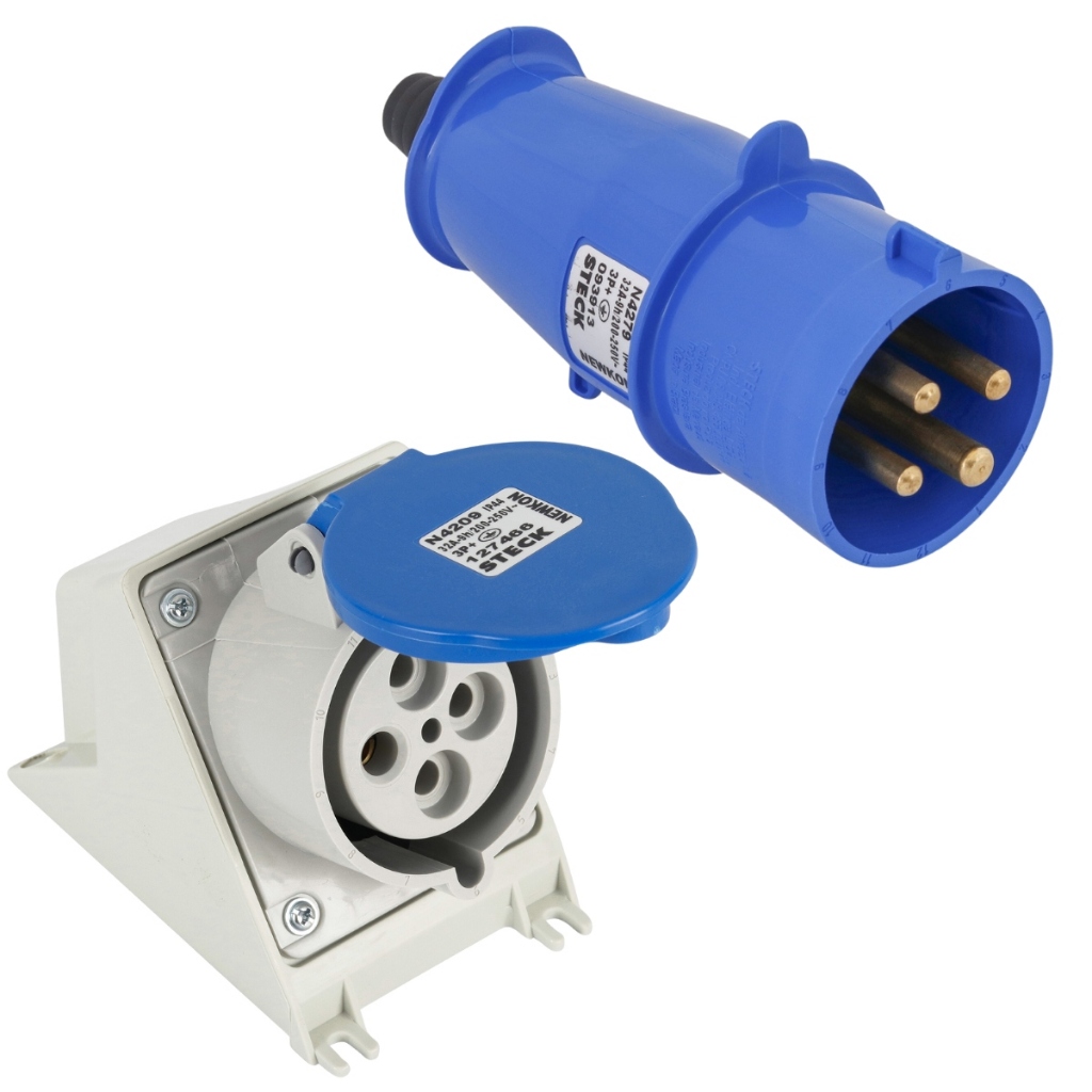 Kit Tomada Sobrepor Femea N4209 + Plug Macho N4279 Industrial 3P+T 32a 200/250V Azul 9H IP44 - Steck