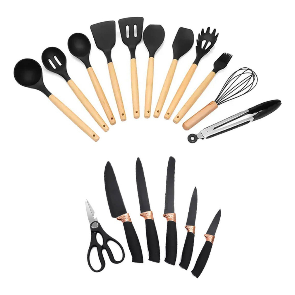 Kit Utensílios Cozinha Conjunto 19 Peças Colheres Silicone e Cabo em Bambu