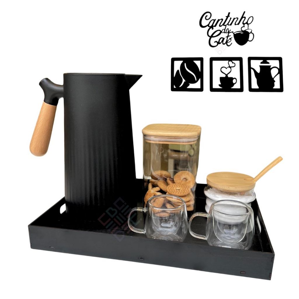 Kit Bandeja Cantinho do Café + Apliques Decorativos 4 Peças em Mdf Com Alças para Servir Cafe Cha em Oferta na Shopee