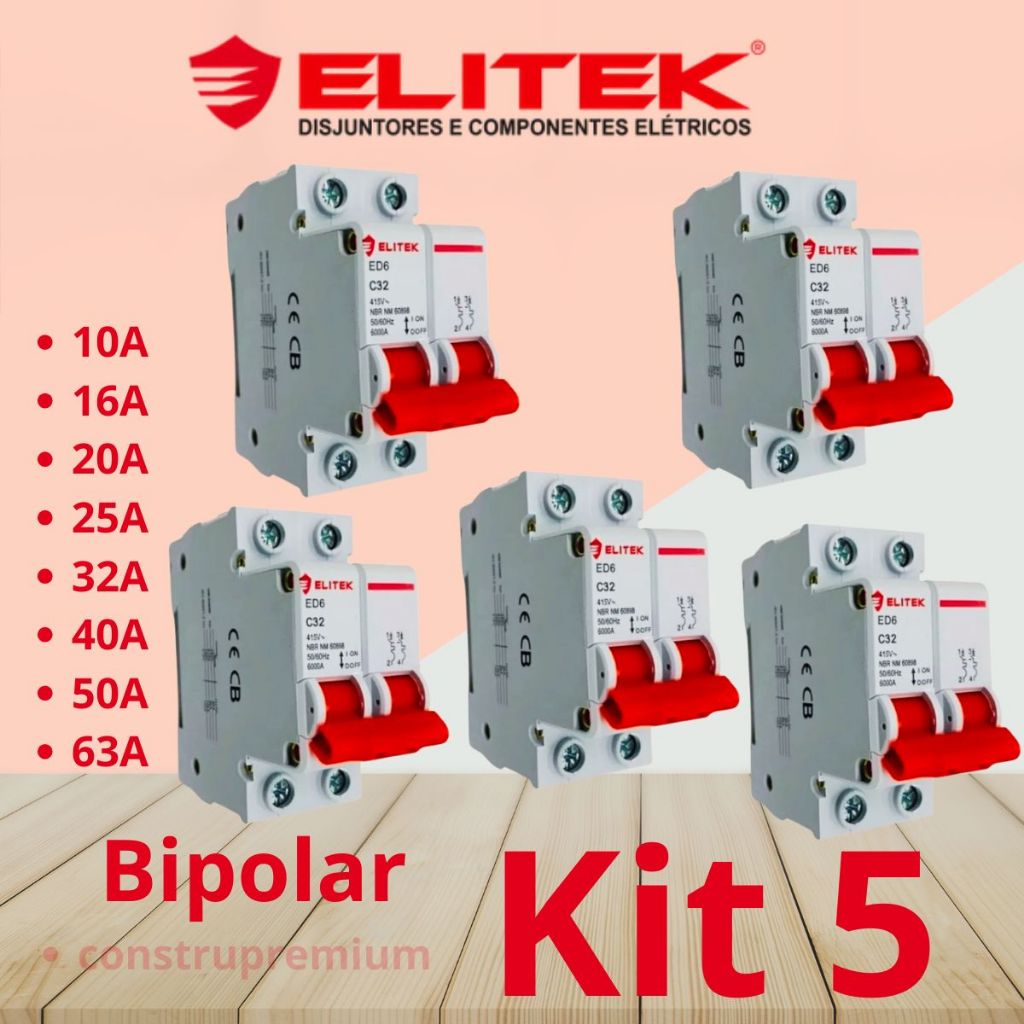 Kit 5 Disjuntores Bipolar Duplo Bifasico 2 Polos10a, 16a, 20a, 25a, 32a, 40a, 50a, 63a, ED6 Elitek