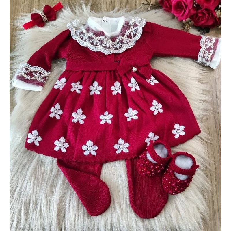 Saída de Maternidade de Luxo em Tricot. Saida Vestido Calça e Manta Flores