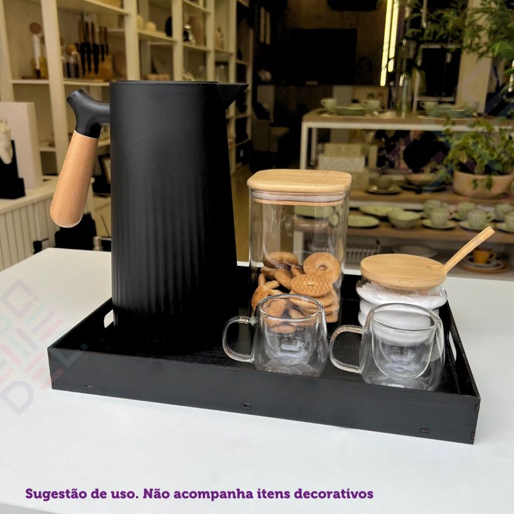 Bandeja Decorativa Cantinho do Cafe Porta Cha MDF + Kit 4 Apliques para Decoração Organizar Cozinha