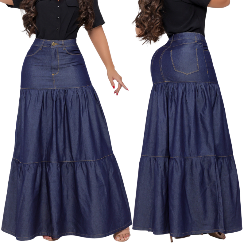 Saia Longa Feminina Jeans Cintura Alta Evangélica Blogueira Sem Lycra Senhora em Oferta na Shopee
