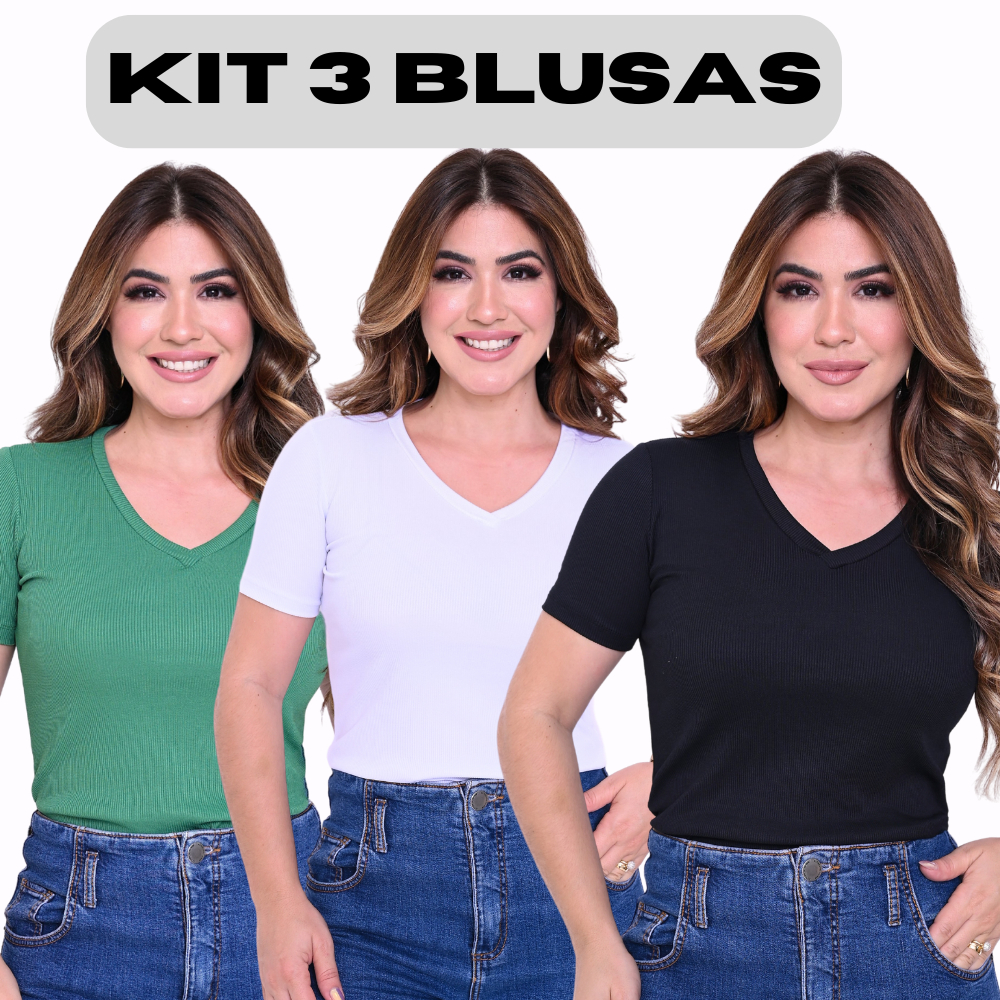 Kit 3 Tshirt Basica Feminina Gola V Decote Baby look Manga Curta Casual Canelada