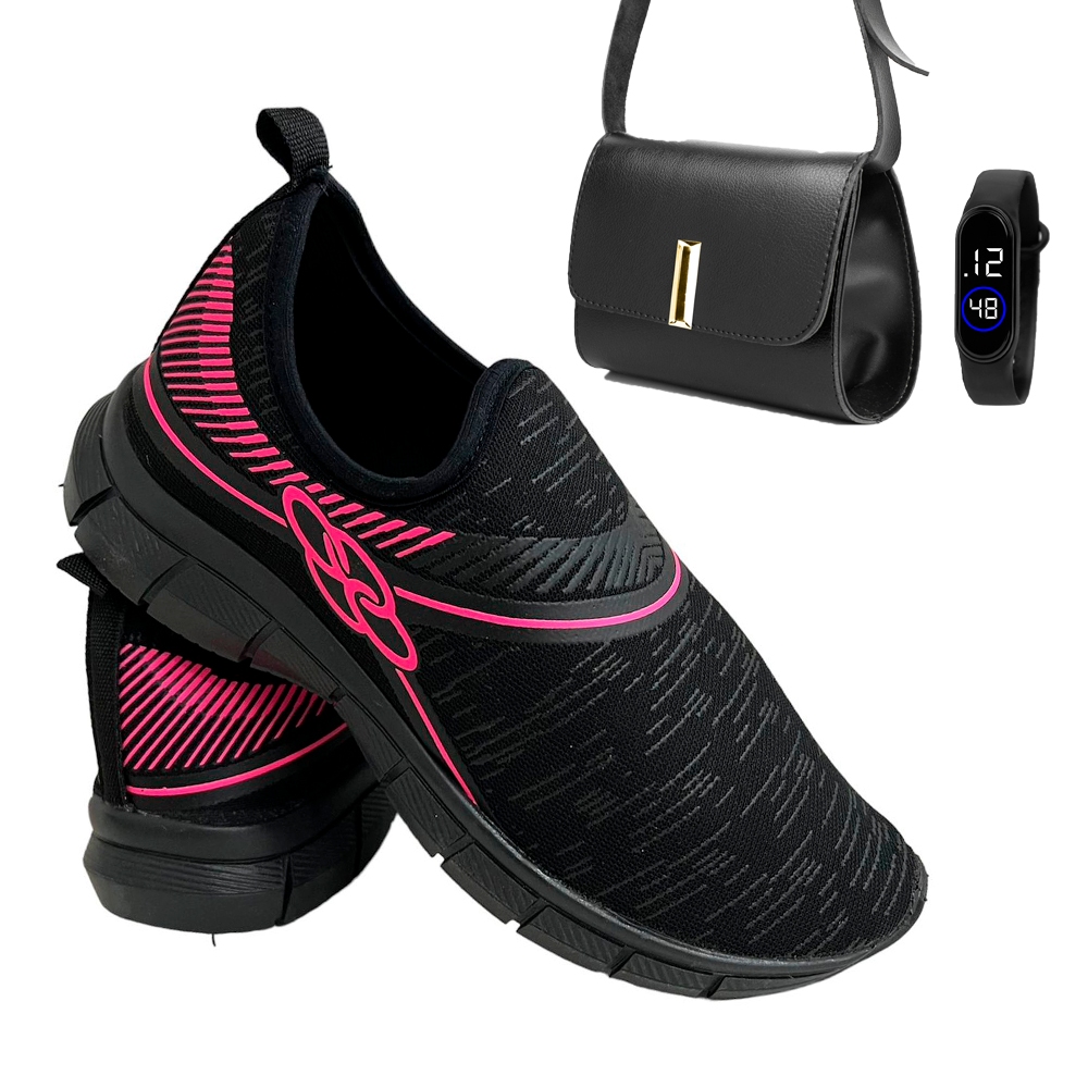 Kit Tenis Meia + Relogio e Bolsa Feminino Para Academia, Lazer, Caminhar