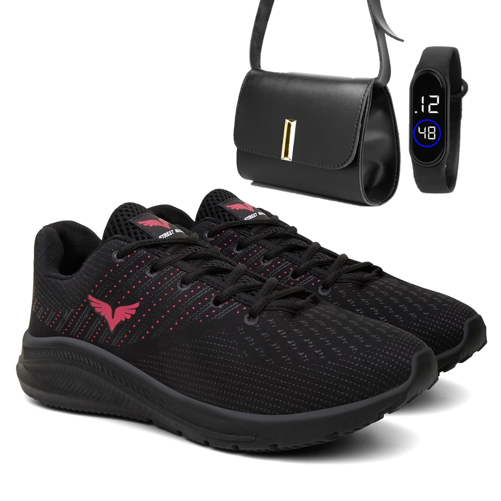 Kit Tenis Preto Esportivo + Bolsa e Relogio Feminino Para Academia e Lazer