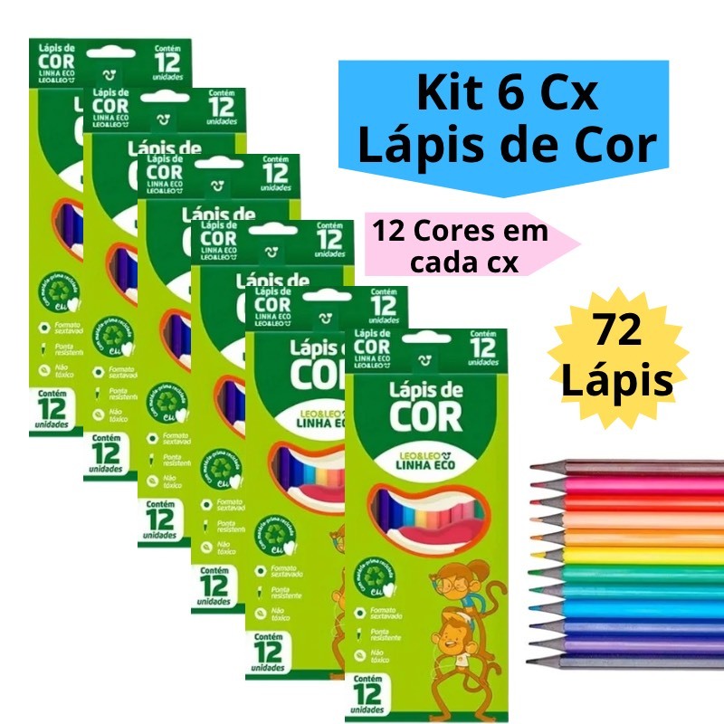 Kit 6 Caixas de Lápis de Cor Caixa com 12 Cores Escolar Sextavado Leo&Leo