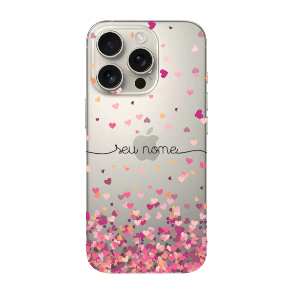 Capinha para iPhone 16 Pro Anti Impacto Personalizada - Chuva de corações rosa com nome