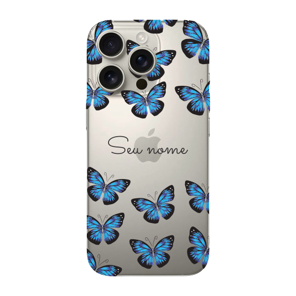 Capinha para iPhone 16 Pro Anti Impacto Personalizada - Borboletas azuis com nome