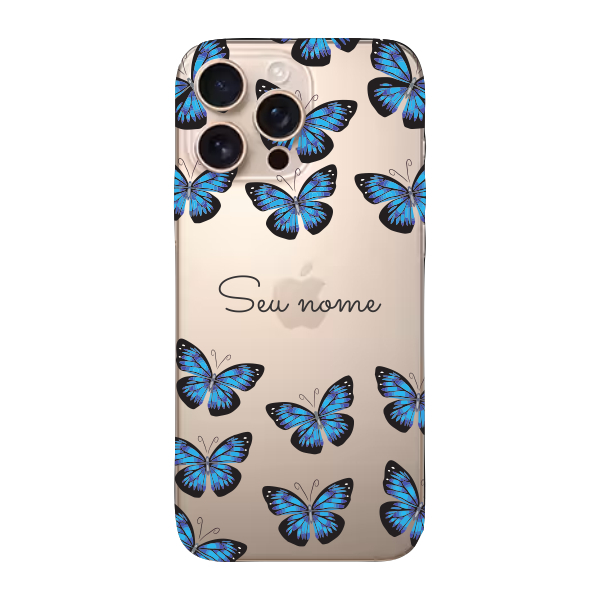 Capinha para iPhone 16 Pro Max Anti Impacto Personalizada - Borboletas azuis com nome