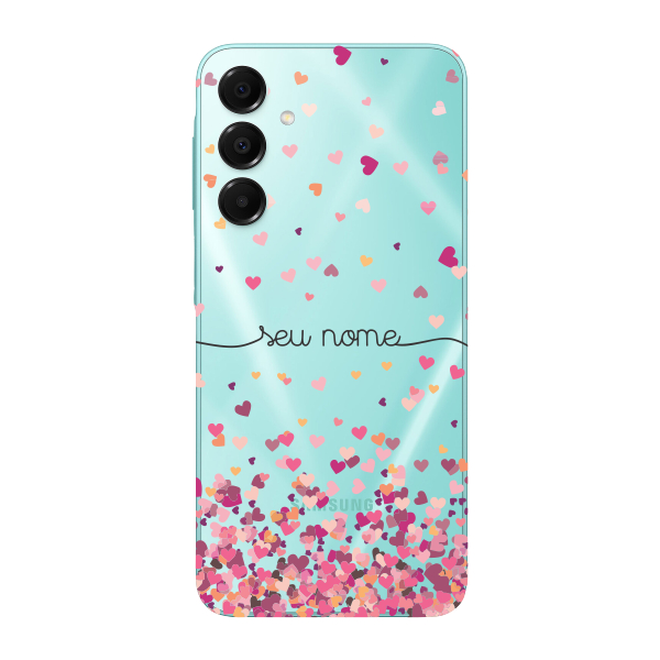 Capinha para Samsung A16 Anti Impacto Personalizada - Chuva de corações rosa com nome