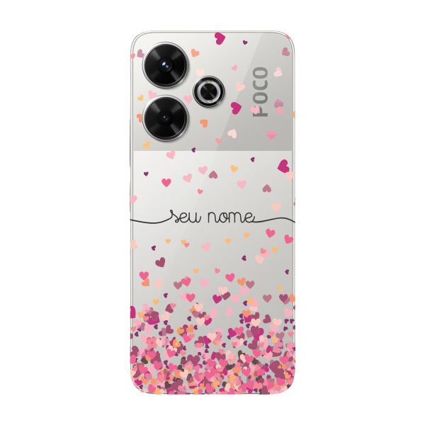 Capinha para Xiaomi Poco M6 Anti Impacto Personalizada - Chuva de corações rosa com nome