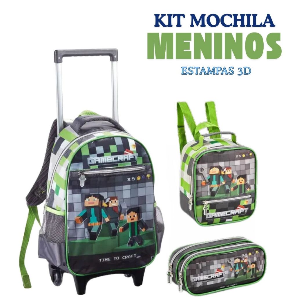 Kit Mochila Infantil 2 em 1 Com Carrinho Removível Menino Aleatória Linda Resistente Prática Grande