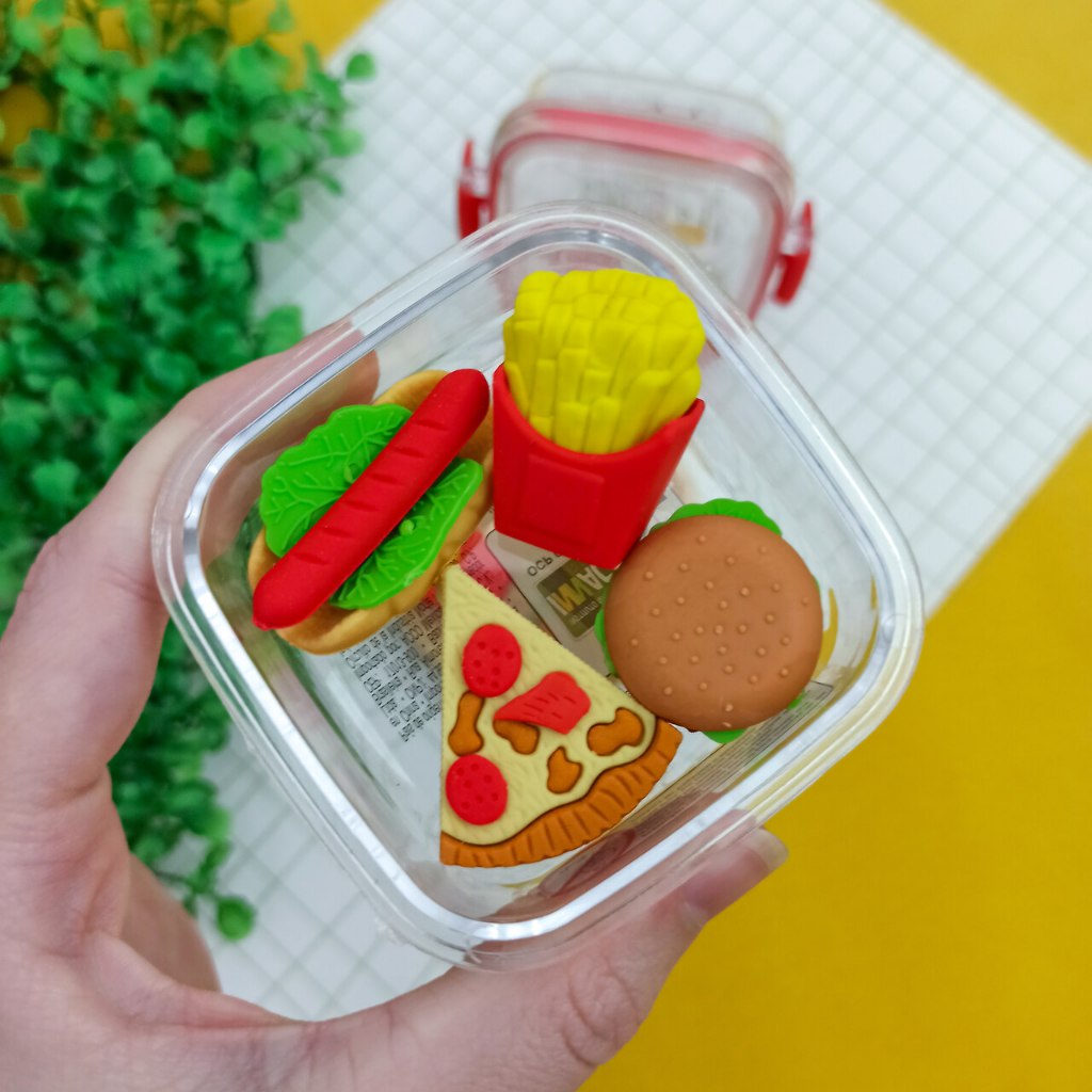 Borracha Mini Foods 4 Unidades (Batata Frita, Hamburguer, Hot Dog e Pizza) - Tilibra | Marmitinha em Oferta na Shopee
