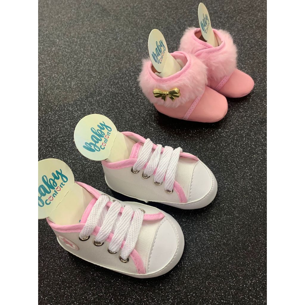 Kit 2 pares bebê recém nascido - Tênis Star Feminino e Botinha Rosa Feminina