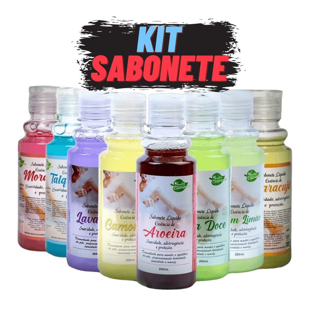 Kit Sabonetes Líquidos Aroeira Cosmética 200mL – Morango, Lavanda, Aroeira, Camomila e Mais