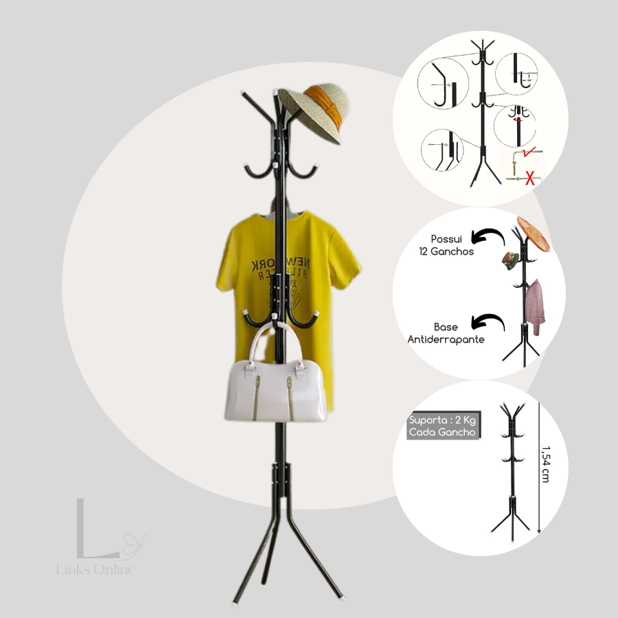 Cabideiro Mancebo Chão Roupas 12 Ganchos Organiza Bolsa Chapéu é metal em Oferta na Shopee