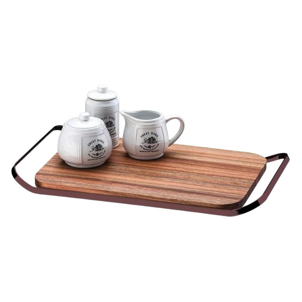 Bandeja de Madeira e Aço Carbono Cantinho do Café Elegante Cor Bronze Pratica Future em Oferta na Shopee