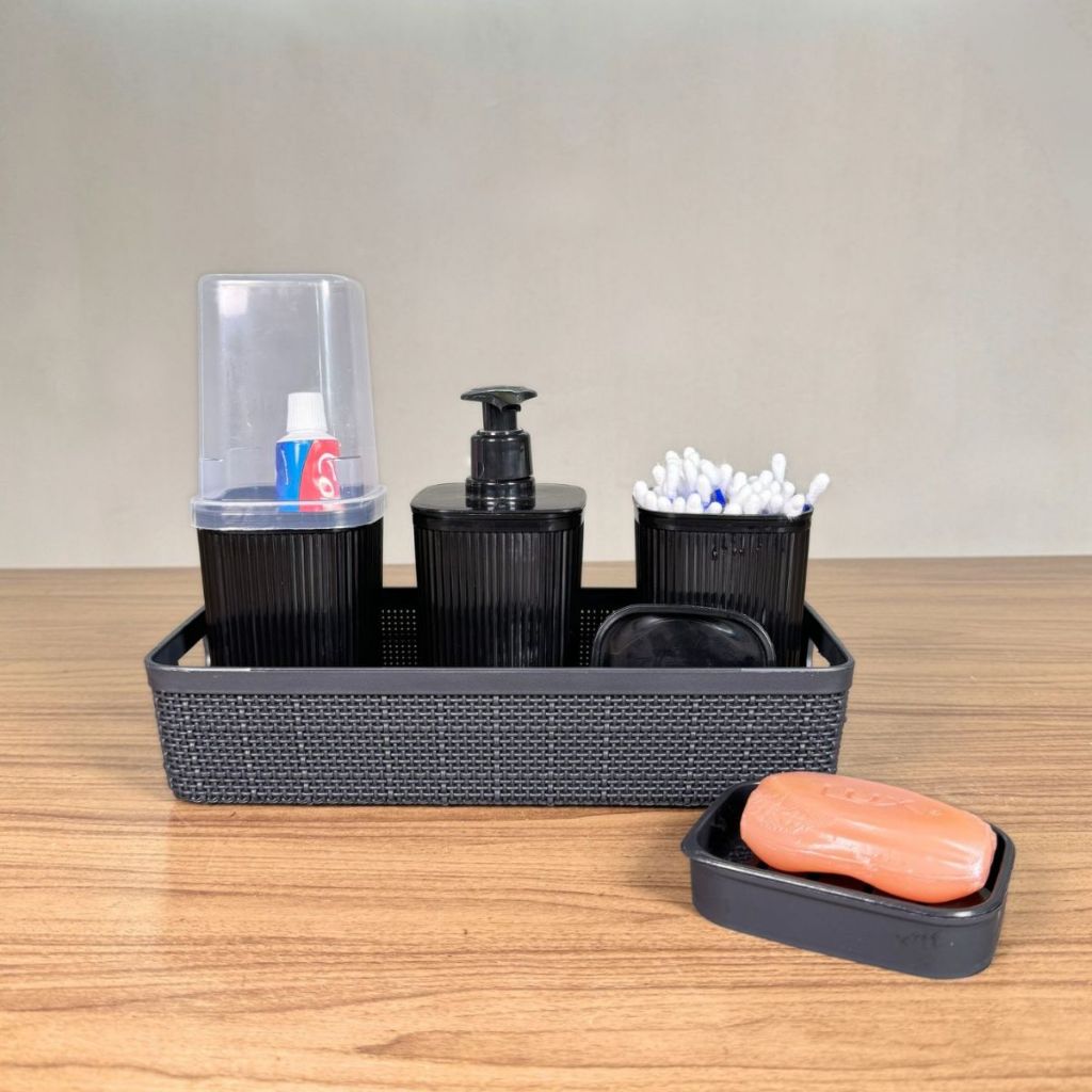 Kit de Organização e Higiene: Organizador 1,7L com Porta Cotonete, Escova, Sabonete Líquido e Saboneteira