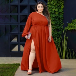Vestido Longo Plus Size Terracota Mula Manca Fenda Ajustável Madrinha Casamento Convidada Formatura