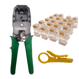 Alicate de Crimprar RJ45 RJ11 Cabos de Rede e Telefonia + Decapador de Fios + 10 conectores RJ45 em Oferta na Shopee