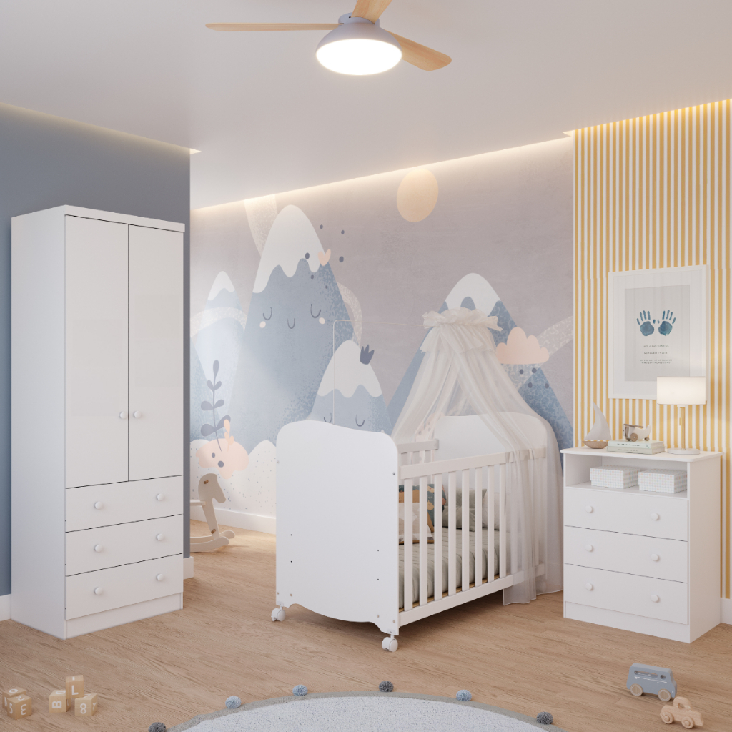 Quarto de Bebê Completo com Berço Americano Uli Guarda Roupa 2 Portas Cômoda 3 Gavetas Smim 100% MDF - Mom & Baby