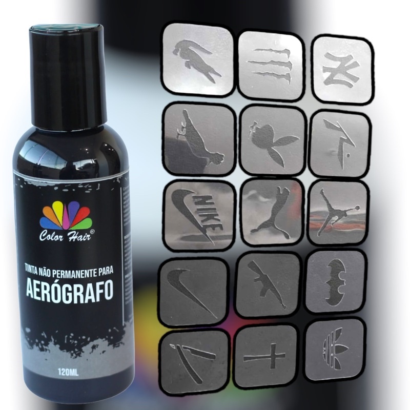 TINTA PRETA PARA AEROGRAFO MAIS 15 MOLDES CAPILARES em Oferta na Shopee