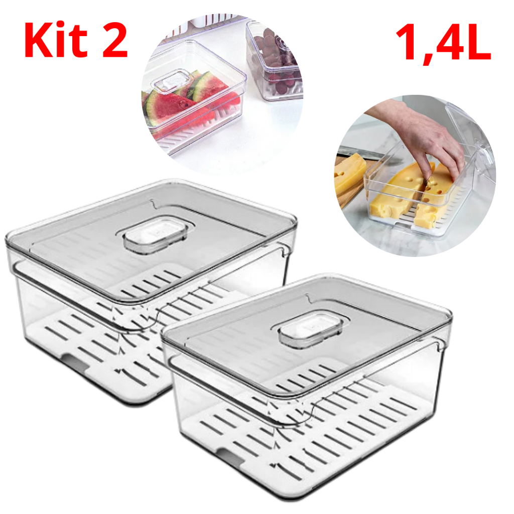 Kit 2 Organizador de Geladeira 1,4L Com Tampa Multiuso Bandeja Drenagem Alimentos Verduras Vegetais