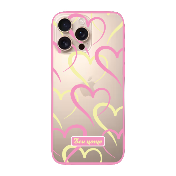 Capinha para iPhone 16 Pro Max Anti Impacto Personalizada - Corações Amarelos e Rosas com nome