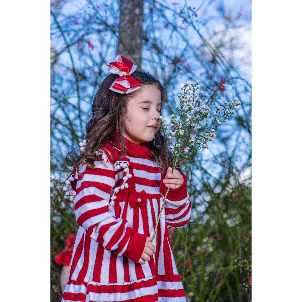 Vestido Listrado Infantil Tricot Roupa para Meninas Estilosas com Manga Longa  Lacinhos Pompom em Oferta na Shopee
