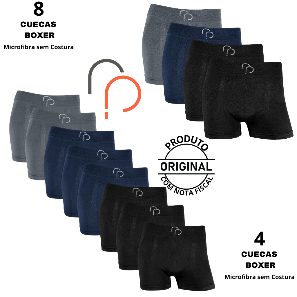 Kit 4 e 8 Cueca Boxer Box RP Microfibra Sem Costura Seamless Elastano Lisa Confortável Premium