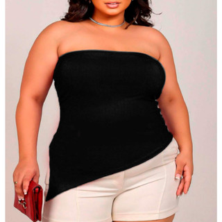Blusa Feminina Tomara que caia Assimétrica Canelada Ribana Com Bojo XG Blusinha lateral ca...