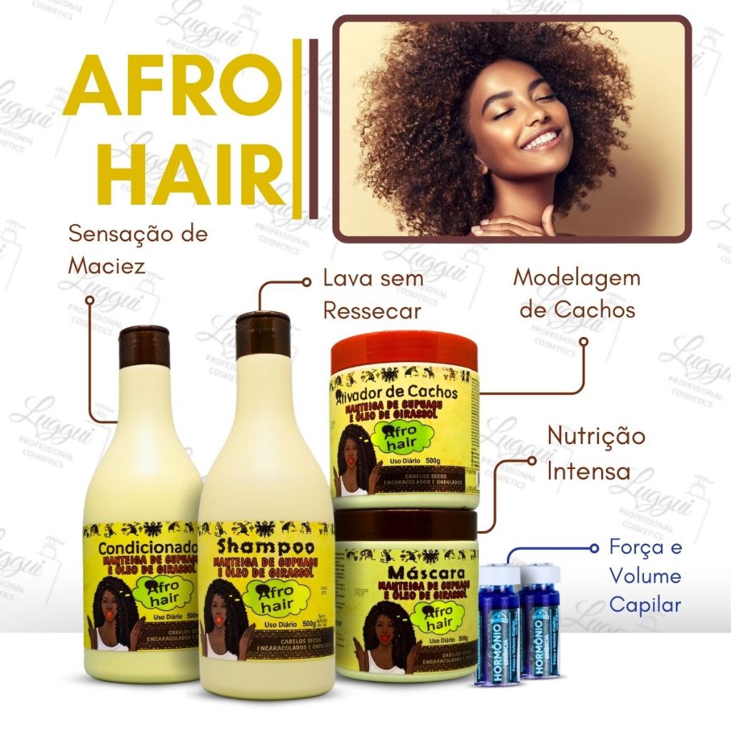 Kit Afro Hair Manteiga de Cupuaçu + Ativador de Cachos Hidratante 4x500ml + 2 Ampolas Volume Capilar