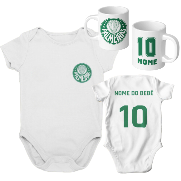 Kit Palmeiras Verdão Personalizado com Nome e Número: Body Bebê e Caneca