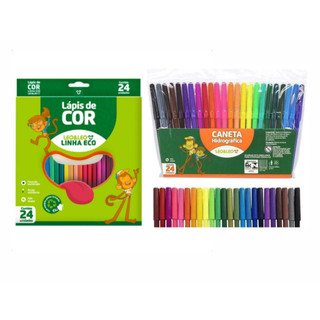 Kit Escolar: Canetinha Hidrocor 24 Cores  +  Lapis de Cor 24 Cores - Leo e Leo