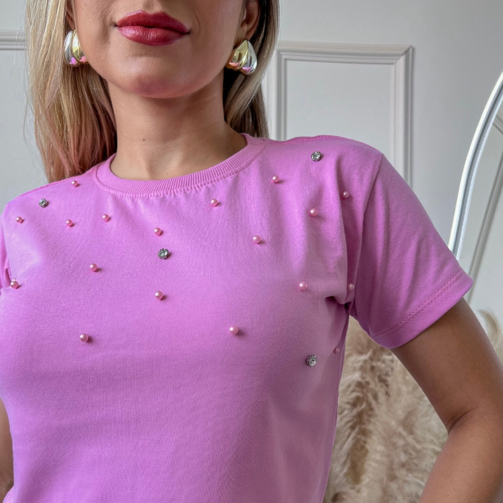 Blusa Lisa Pérolas Feminina T shirt Luxo