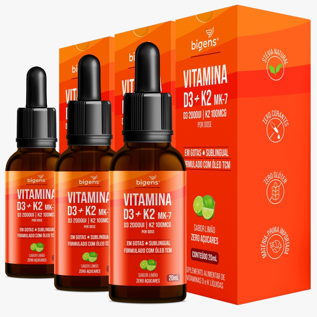 BIGENS KIT 3X VITAMINA D3 + K2 MK7 100MCG LIMÃO 20ML BIOGENS em Oferta na Shopee