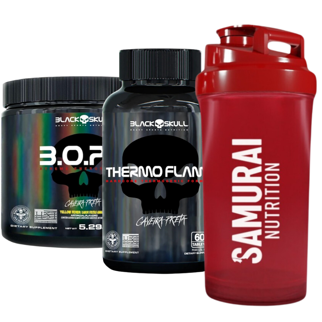 Kit Thermo Flame 60 Tabletes + Pre Treino Bope 150g Blackskull + Coquereleira 600ml Samurai em Oferta na Shopee