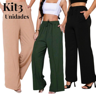 Kit 3 Calça Wide Leg Feminina Tecido Duna Pantalona Moderna com Bolsos em Oferta na Shopee