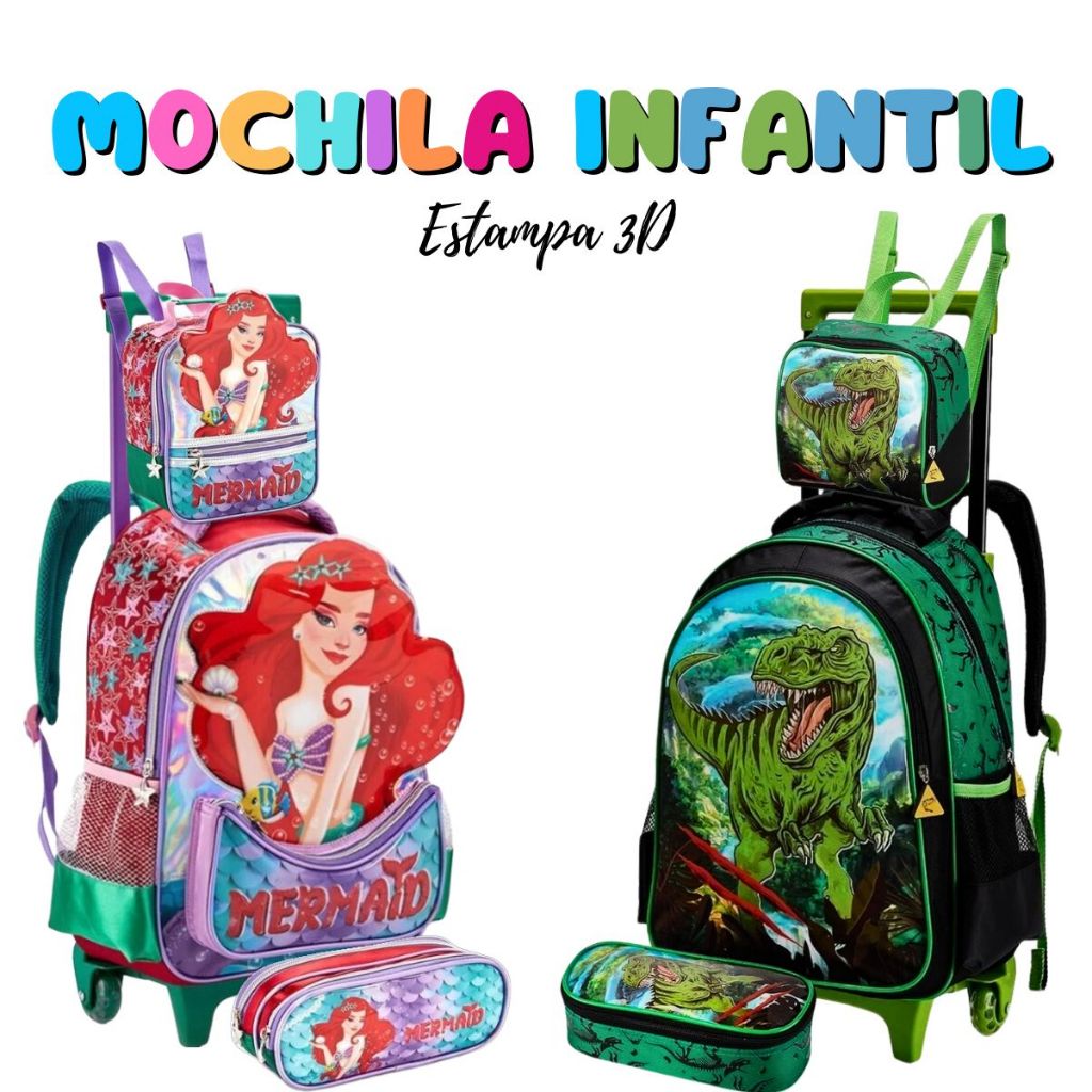 Kit Mochila Infantil 2 Em 1 Rodinhas Aleatória Menino e Menina Linda Prática