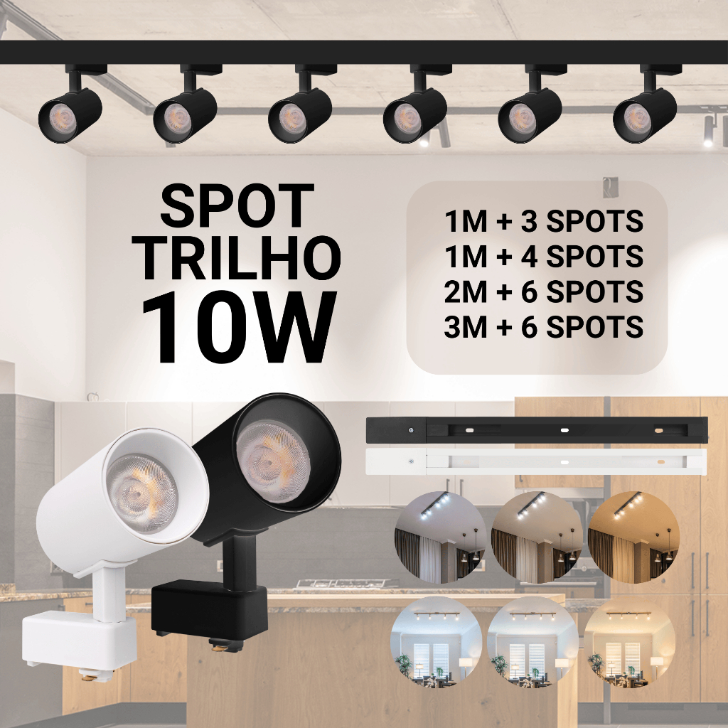 Kit Trilho Spot Eletrificado Bivolt Preta Branca LED 10w Interno Luz Frio Neutro Quente Econômico