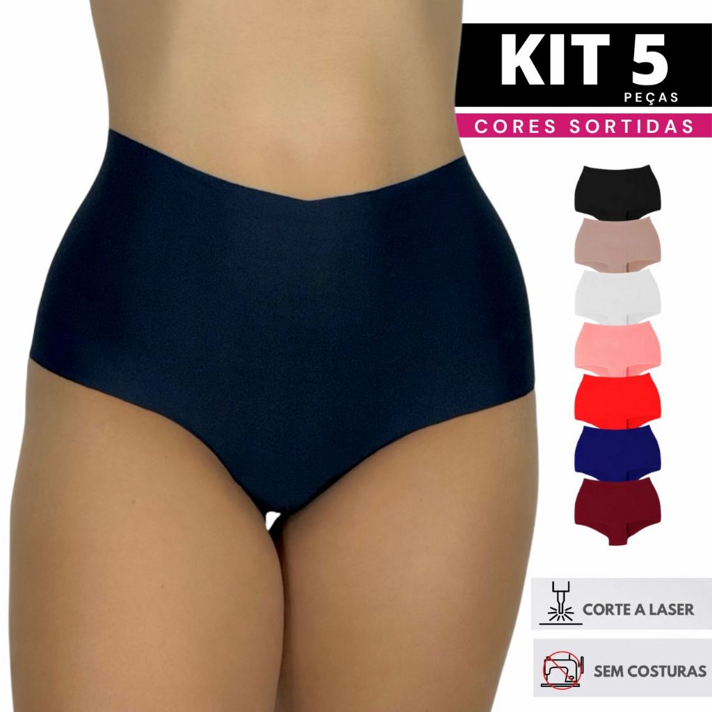 Kit 5 Calcinha Cós Alta Tanga Laser Box Sem Costura Não Marca Usar com Legging Vestido PROMOÇÃO Bia