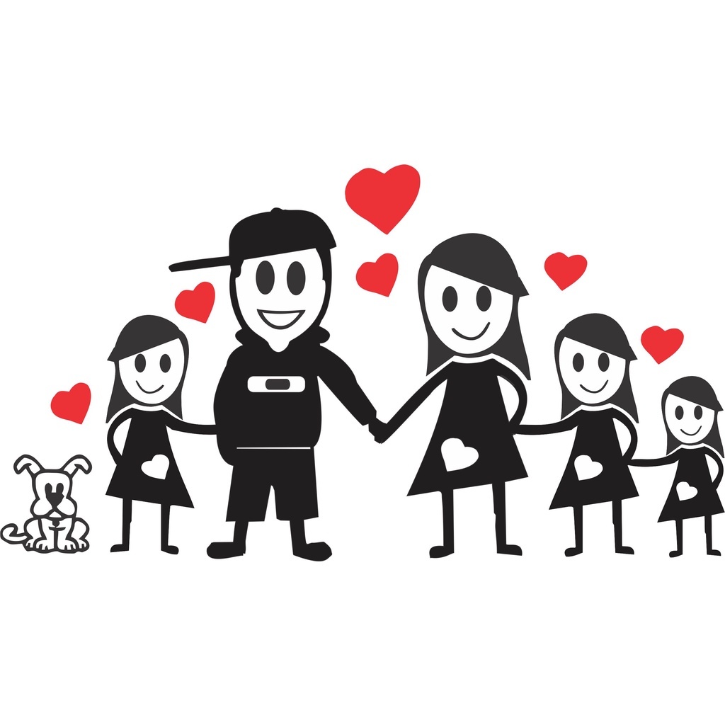 Adesivo Família Feliz Pai, Mãe, 3 Filhas, 1 Cão