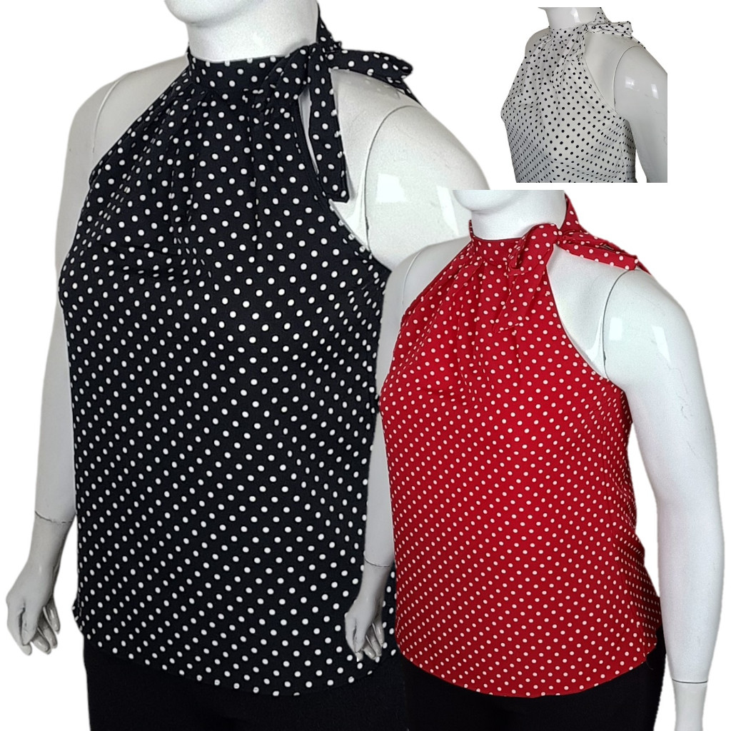 Blusa Blusinha Gola Laço Poá Social Plus Size G1 G2 G3 em Crepinho Fresquinha Soltinha