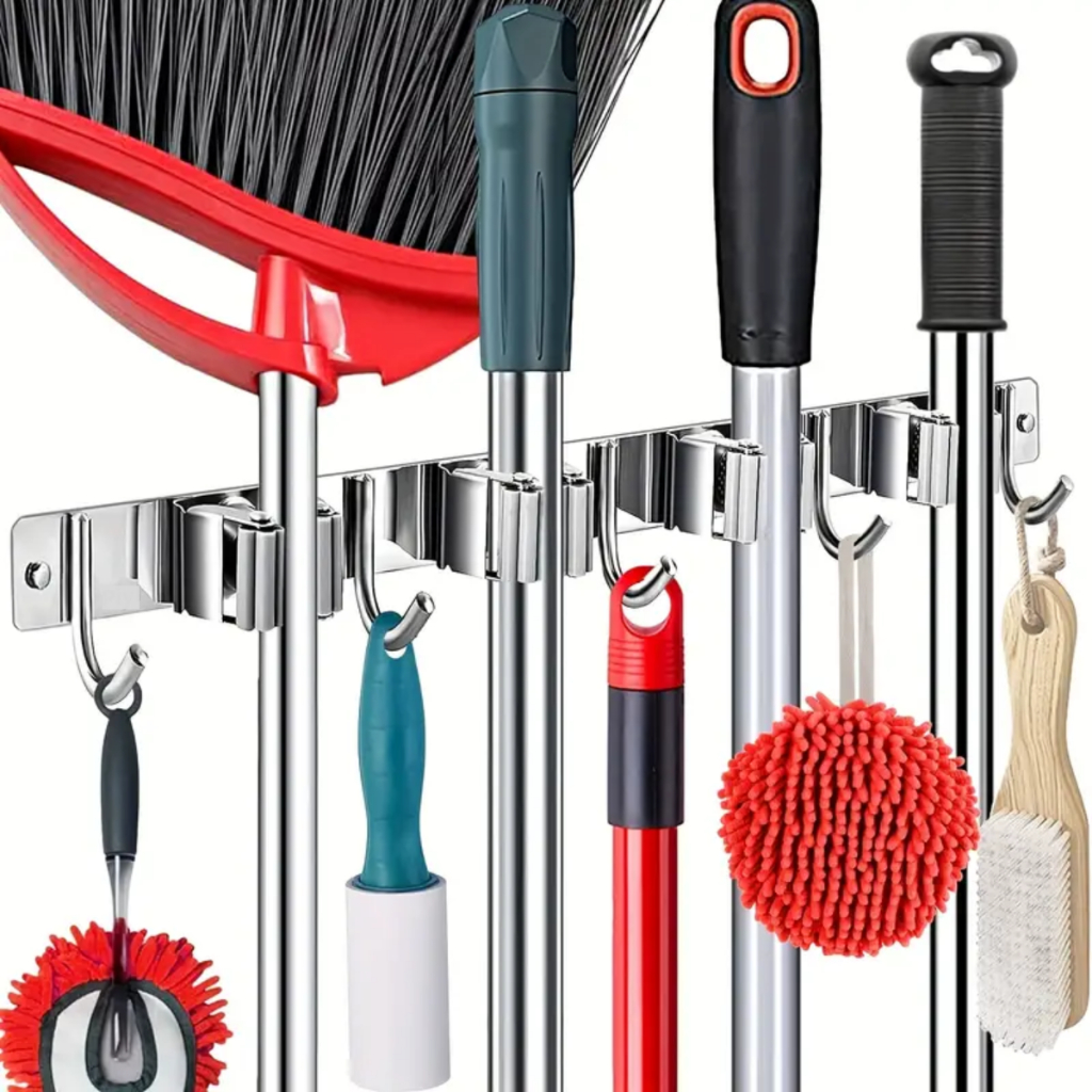 Suporte de Vassoura em Inox Com 4 Grampos e 5 Ranhuras