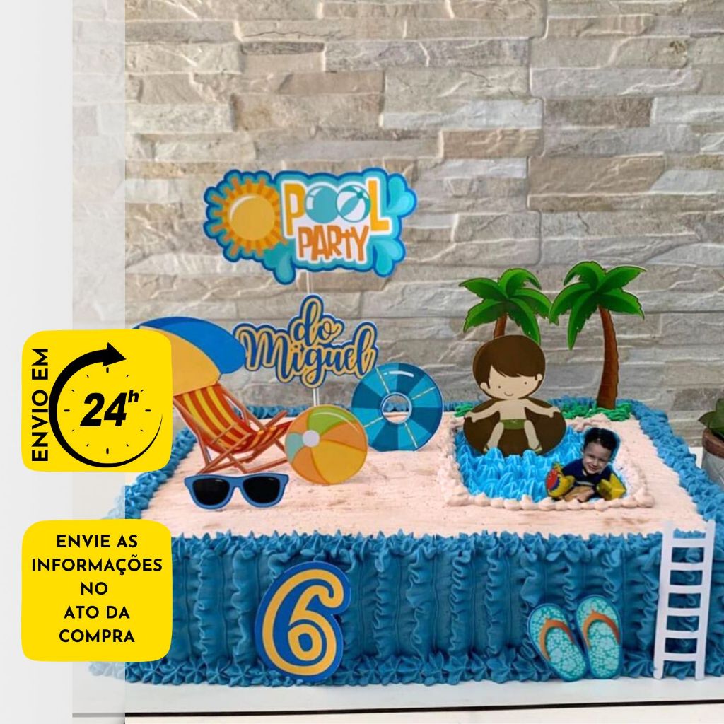 Topo Topper de Bolo Aniversário - Tema Pool Party - Menino