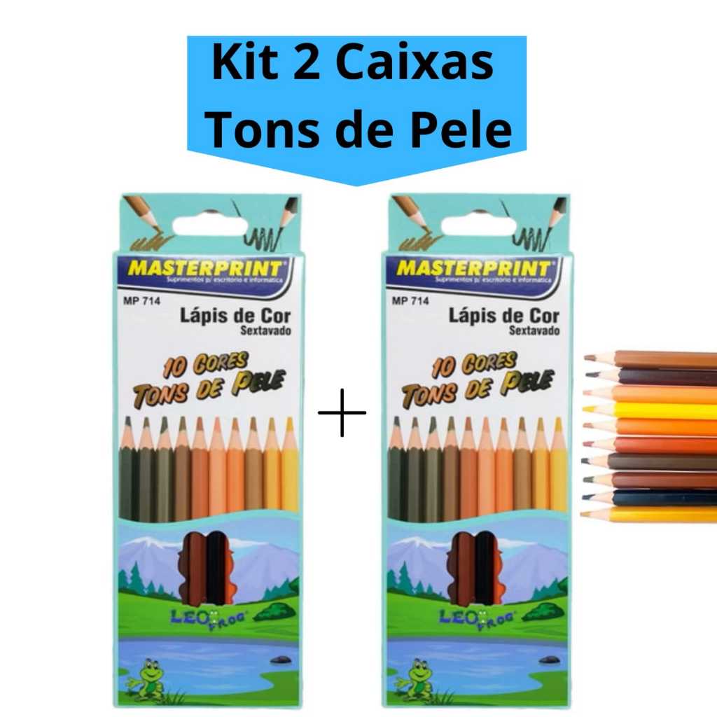 Kit 2 Caixas Lápis de Cor Tons de Pele 10 Cores Escolar Sextavado - Masterprint (20 Lápis de Cor)