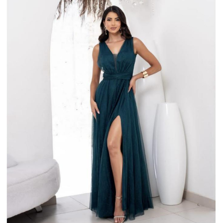 Vestido Longo Festa Regata Fenda Tule Com Brilho