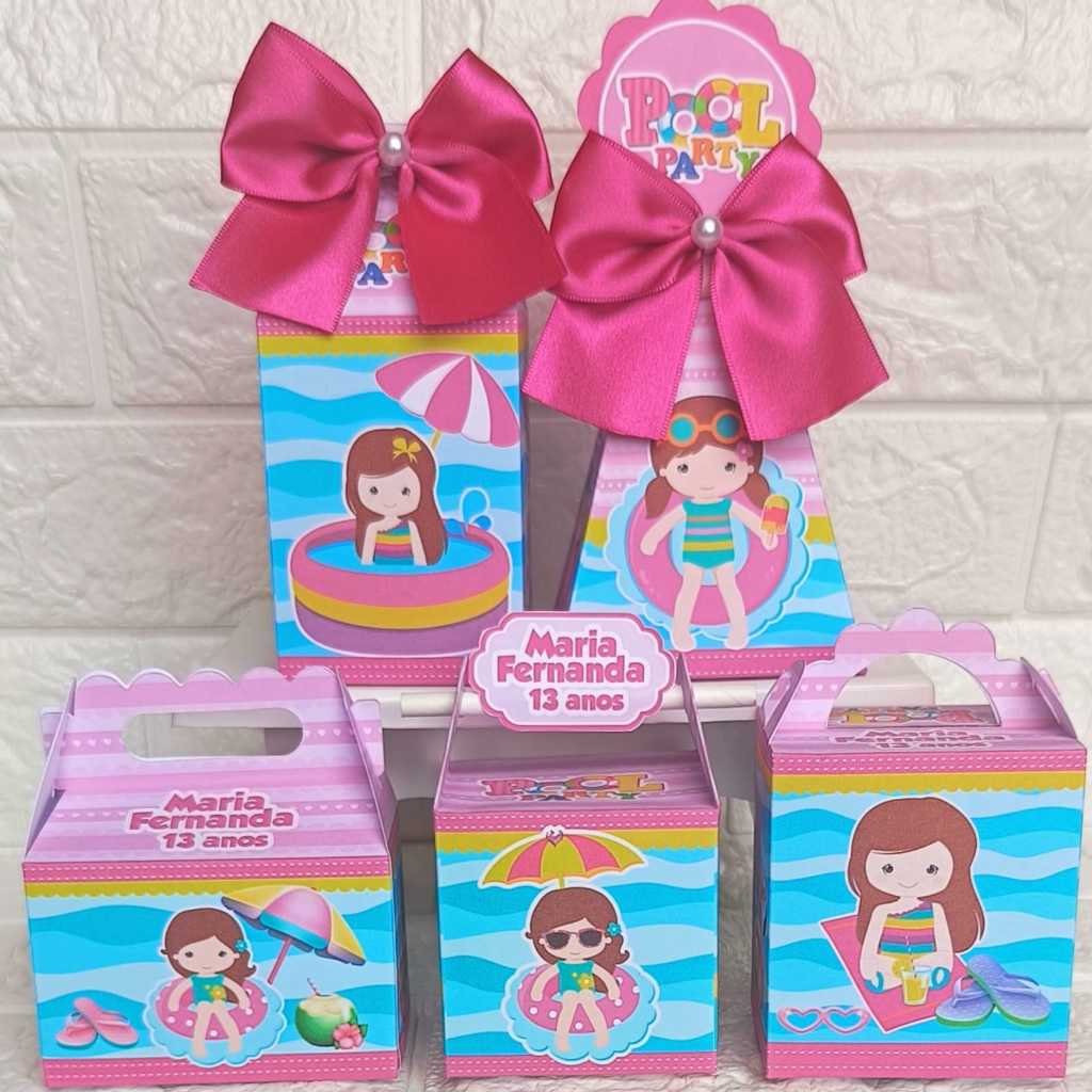 PEGUE E MONTE Kit Festa Caixas Personalizadas Pool Party Festa na Piscina Menina Caixinha Lembrancinha Festa Infantil
