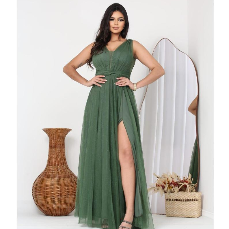 Vestido Longo Festa Regata Fenda Tule Com Brilho Casamento Formatura Modelo Premium